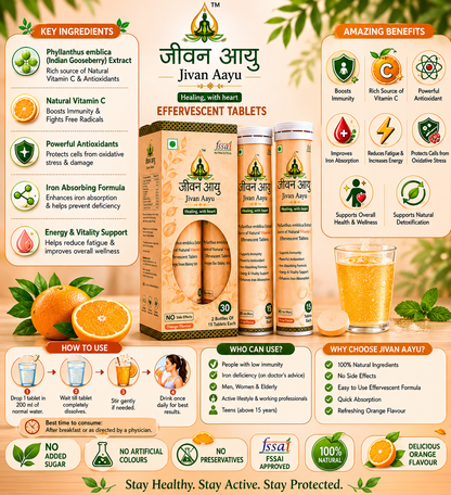 🍊 Jivan Aayu Vitamin C 500mg Effervescent Tablets 🎁 (Buy 1 Get 1 FREE🌞)