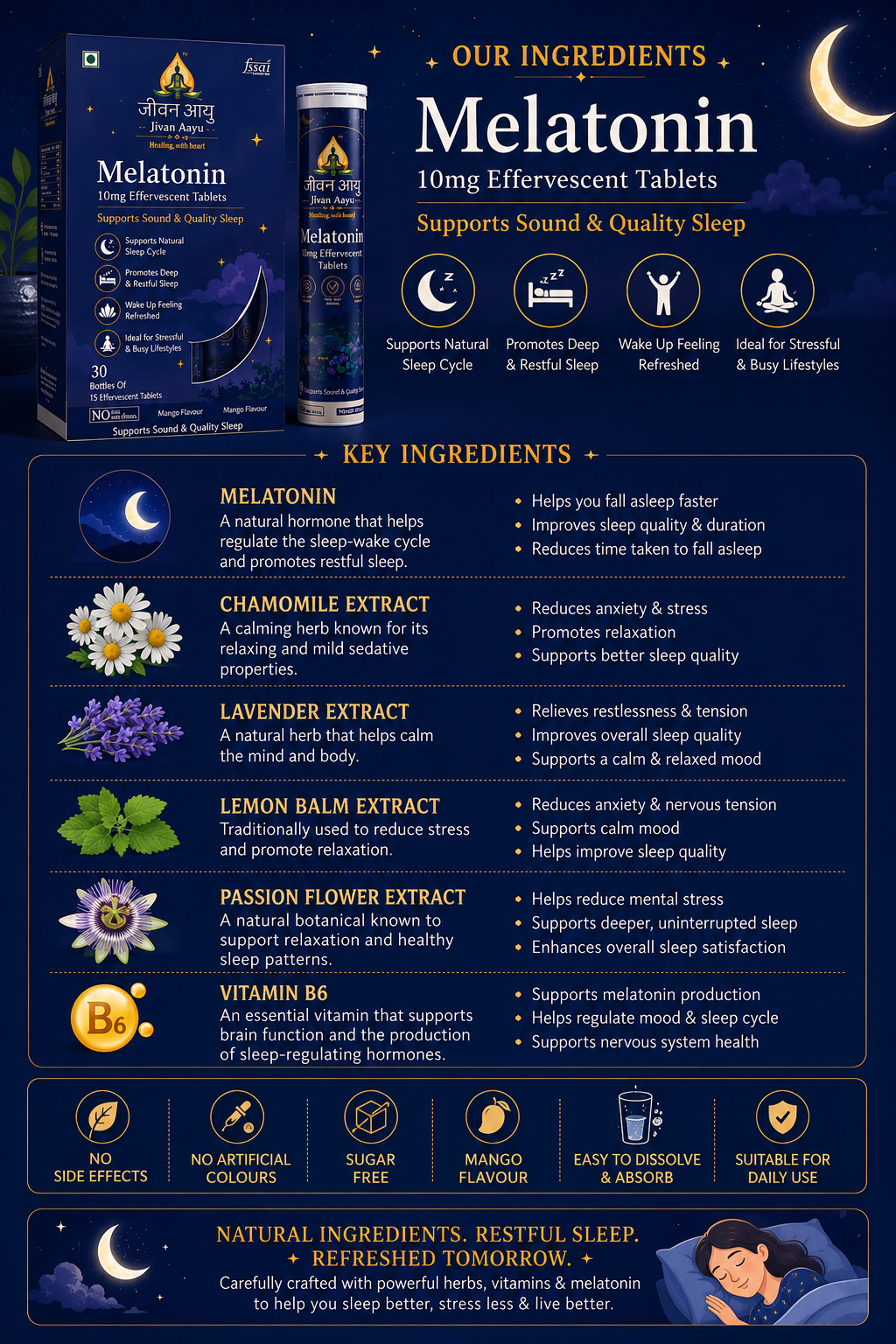 🌙 Jivan Aayu Melatonin 10mg Effervescent Tablets 😴 🎁( BUY 1 GET 1 FREE💜)